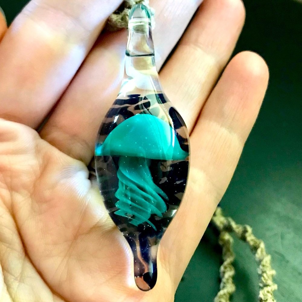 Hand blown glass jellyfish pendant on hemp